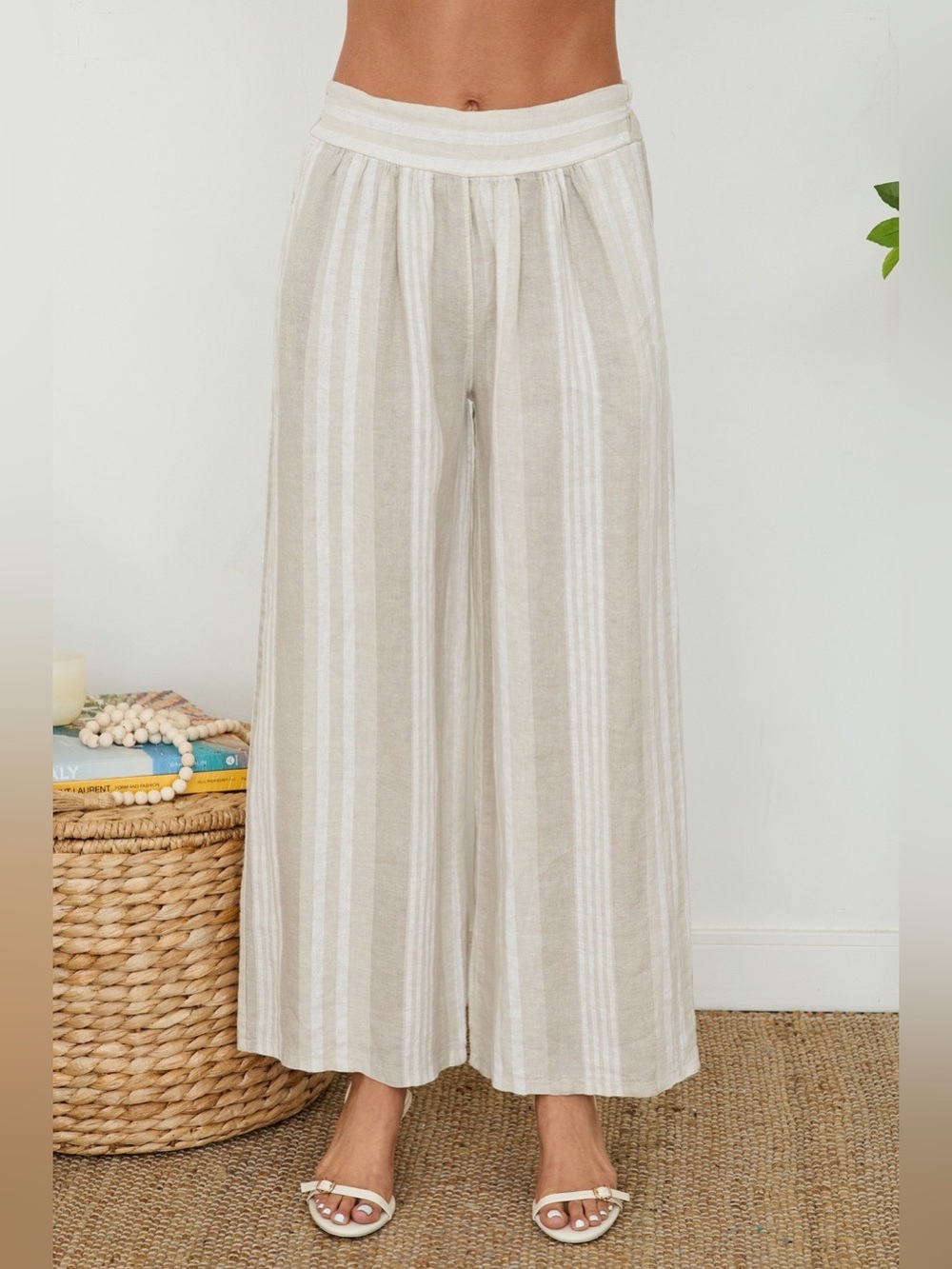 (154018-1-STRIPE-W/B)  FLAT FRONT WAIS STRIPE WIDE LEG LINEN PANT WITH POCKETS